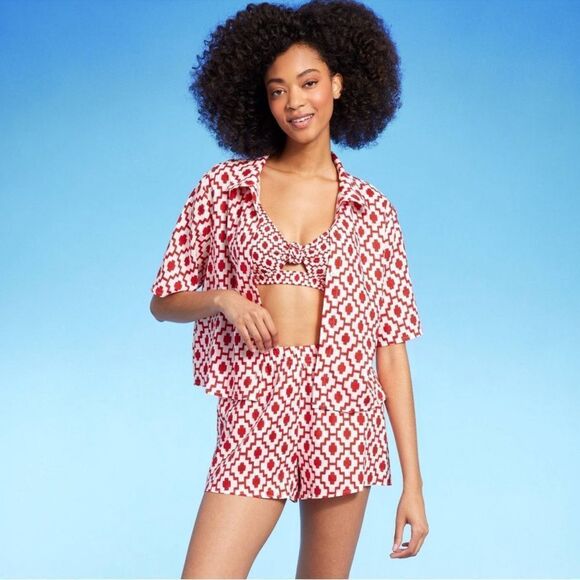 *NWT Shade & Shore Large (12-14) Red Cropped Button Up Short Sleeve Cover Up - Picture 3 of 8